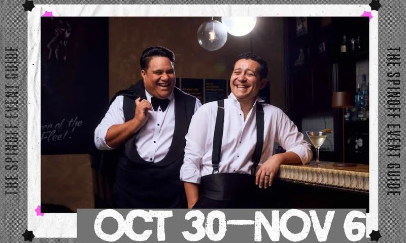 A photo of two men in suits with no jackets, laughing. There is a frame around them with a date range.