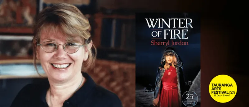 A photo of the writer Sherryl Jordan who is smiling and wearing glasses. She has brown hair with a fringe. Beside her is the cover of Winter of Fire, her novel. On the cover a girl is wearing a red dress and dark robe.