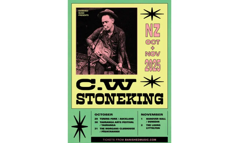 A promotional poster for a tour by the singer C.W. Stoneking. The poster is green and yellow with a photo of the singer at a microphone with a guitar.
