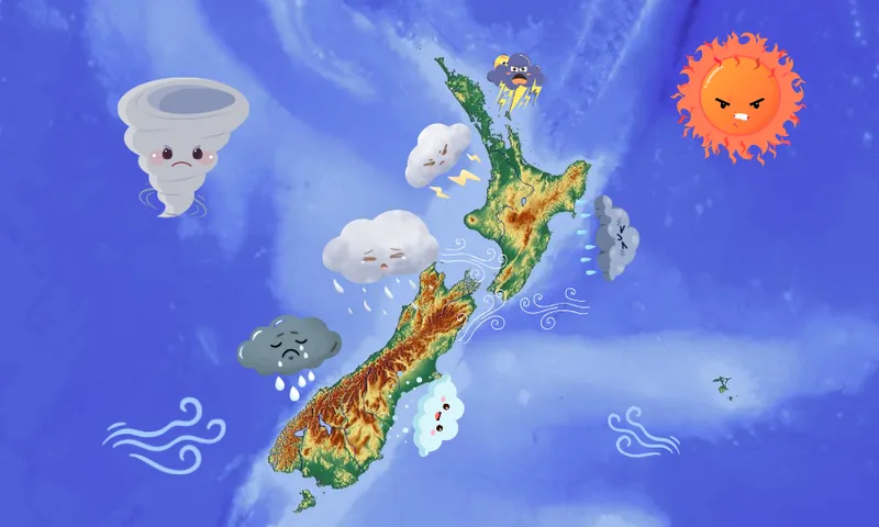 A colorful map of New Zealand is surrounded by cartoon weather icons, including a tornado, clouds with rain and lightning, wind, an angry sun, and a shivering cloud, representing various weather conditions.