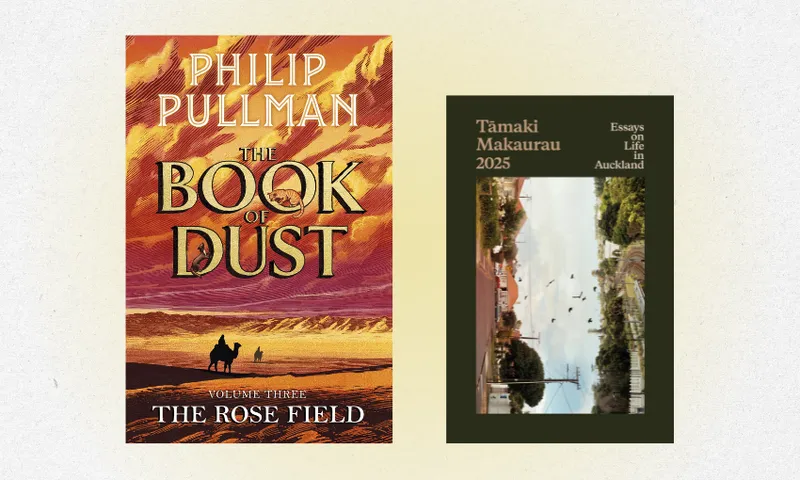 The cover of The Rose Field by Philip Pullman next to the cover of Tāmaki Makaurau: Essay on Living in Auckland.