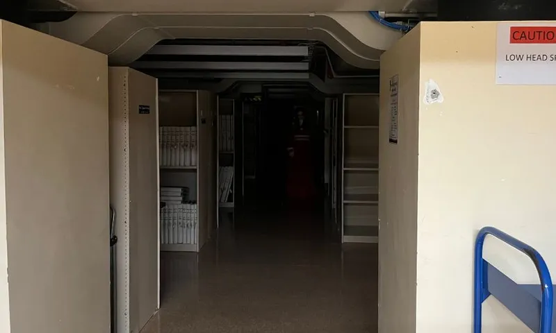 Inside parliament's archives, where a woman in a red gown can be seen standing in the dark distance.