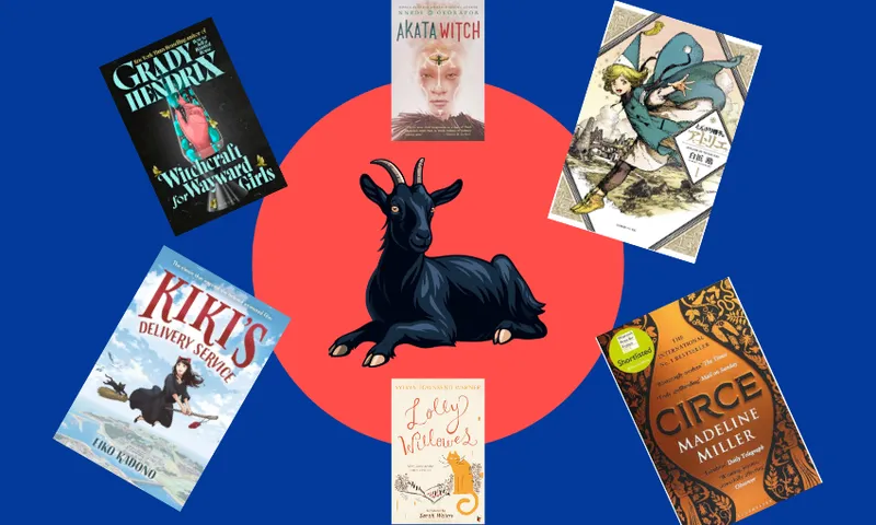 A black goat is in the middle of the frame and has six book covers circling it.