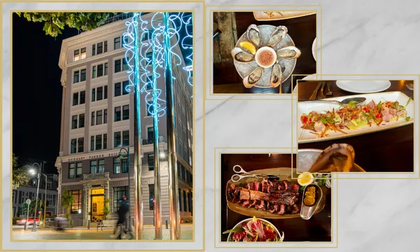 A collage featuring a lit-up historic hotel building at night on the left, and three food dishes on the right: a plate of oysters, a colorful salad, and a platter with steak and sides.