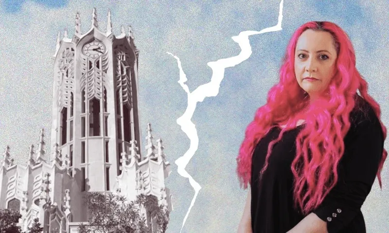 on the left, an old clock tower at the university of auckland and on the right, a woman with long pink hair staring sternly at the camera