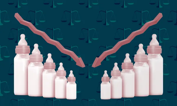 A set of baby bottles filled with milk in descending size order is shown on both sides of the image, with red downward arrows above them. The background features scales of justice symbols.