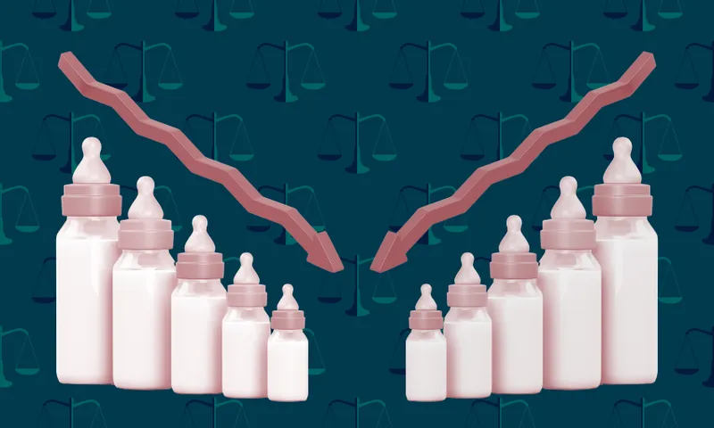 A set of baby bottles filled with milk in descending size order is shown on both sides of the image, with red downward arrows above them. The background features scales of justice symbols.