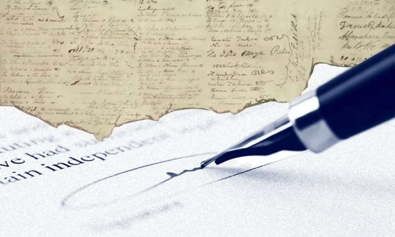 A fountain pen is signing a document with handwritten text, likely resembling old parchment paper. The background features a section of the U.S. Declaration of Independence, visible with historical signatures.