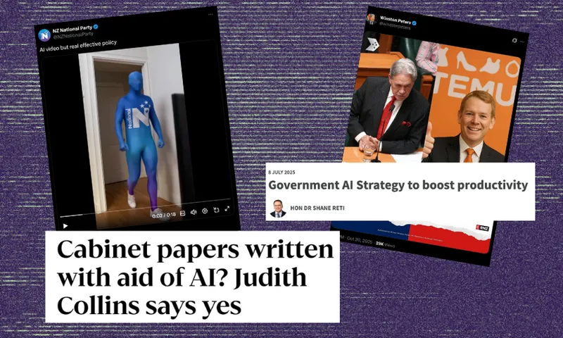 A collage featuring: a person in a blue bodysuit with an "N"; two men signing a document; a news headline about AI strategy; and a headline about cabinet papers and AI, all on a purple textured background.