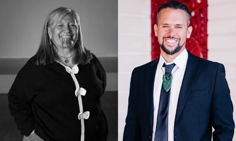 A grid with two images: on the left, Mariameno Kapa-Kingi in a black and white shot. On the right, Taakuta Ferris standing in front of a marae.