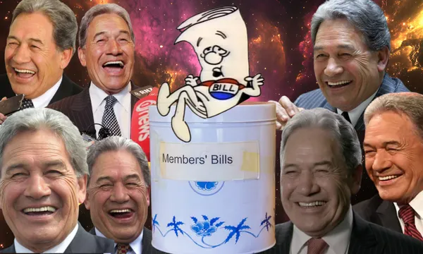 A cartoon bill sits on a “Members’ Bills” ballot box, surrounded by multiple smiling, grey-haired men in suits, all against a cosmic background.