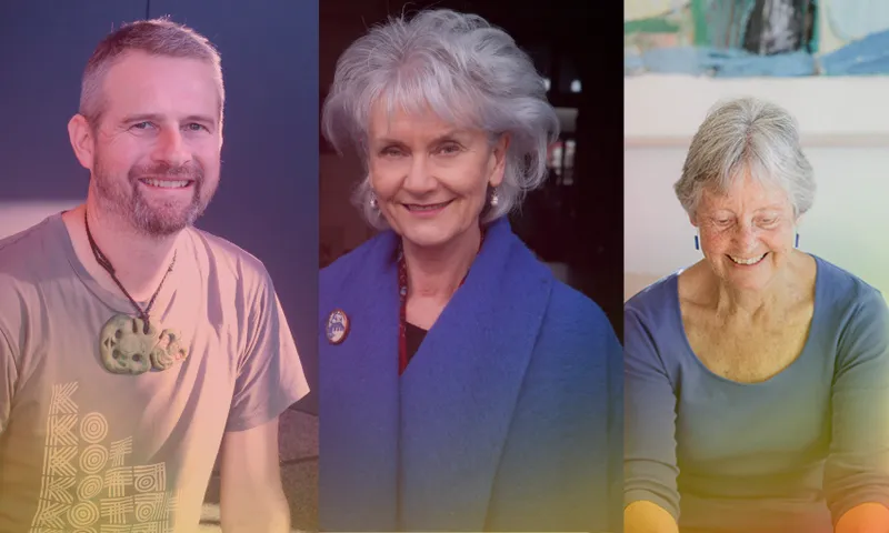 Three head and shoulders photos of people: on the left is a man, smiling and wearing a taonga; in the middle is a woman smiling and wearing a royal blue coat; on the right is a woman with her head bowed, smiling, she has short great hair.