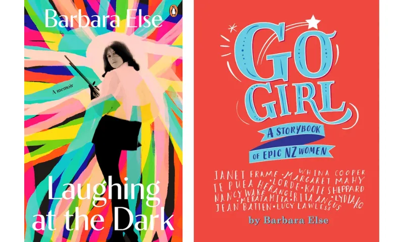 Two book covers side by side: the left is of a memoir called Laughing in the Dark which is bright with a black and white full portrait photgraph of a young woman; the right is of a book called Go Girl which is bright red with blue lettering.