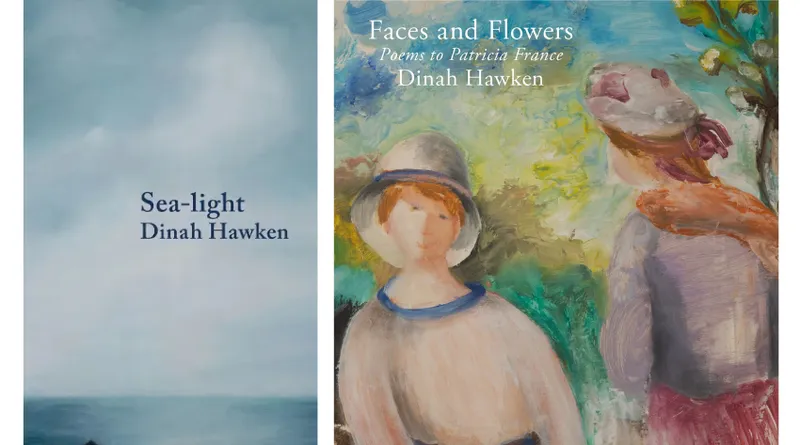 Two book covers: the left is of a sea scape, moody; the right is of a painting of two women in a garden.