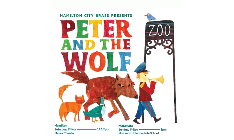 A poster for Peter and the Wolf showing animals following a boy playing a horn.