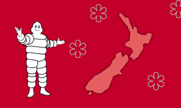 the michelin tyre mascot smiles next to an outline of New Zealand on a red background