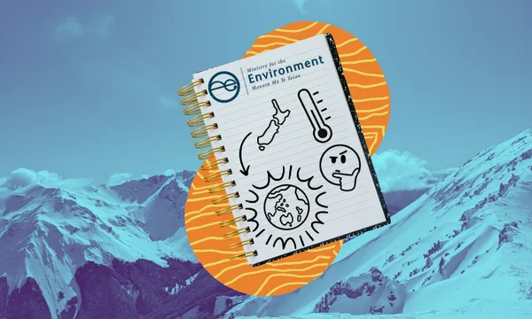 blue toned mountains and a notebook with some doodle os temperature rise, the world, and NZ