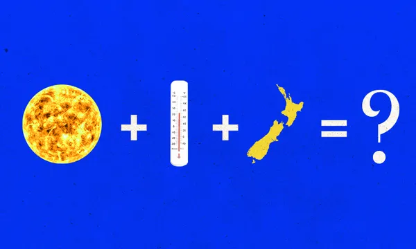 a hot sun plus a thermomentre plus new zealand with an equal sign showing a question mark