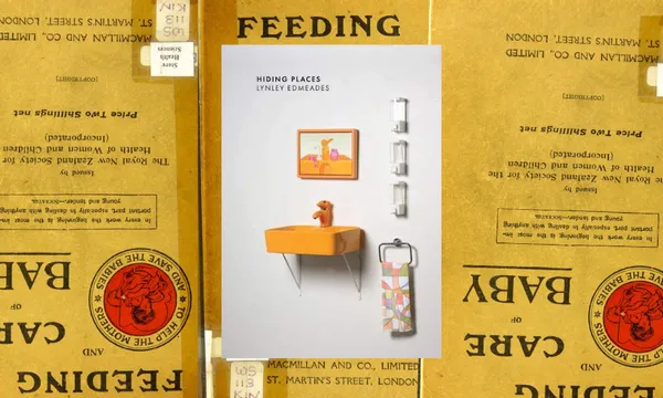The cover of Hiding Places by Lynley Edmeades on a wallpaper of the cover of Truby King's manual for caring for a baby.