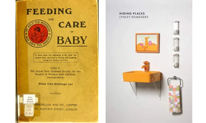Two book covers side by side: the left is an historic book about caring for babies, the right is a new book by Lynley Edmeades called Hiding Places.