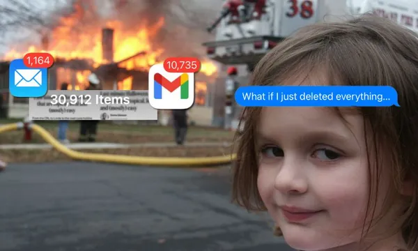 Girl with house burning meme, overlaid with unread email icons
