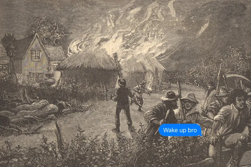 An engraving of Kentish agricultural workers attacking a farm at night, c1830