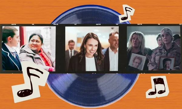 An orange background with a record graphic, and film stills from Tinā, Pike River and Prime Minister