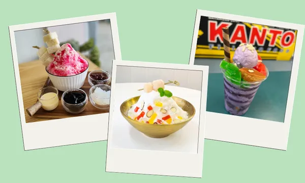 Three different bowls of ice desserts on a green background