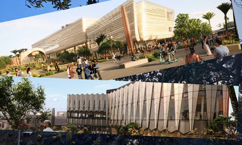 Artist's renderings of the new Tauranga Library and Community Hub building, and the new Tauranga Museum: contemporary buildings with people around them.