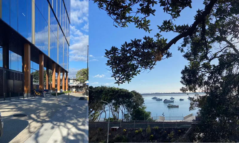 A photo of a building with large windows (left) and a photo of a harbour (right).