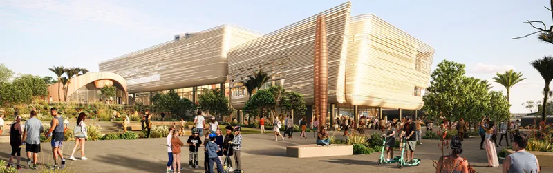 An artist's impression of the new Tauranga Museum which shows a highly modern building with landscaping outside and people.