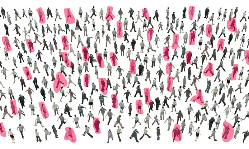a graphic showing many people walking in a crowd. approximately one in 10 is highlighted in pink