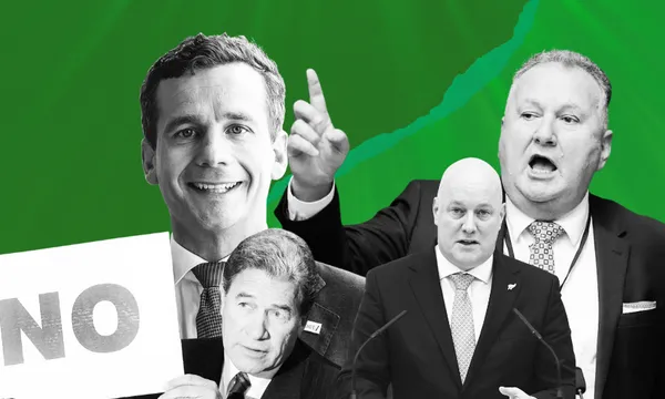 A collage of four men in suits against a green background. One holds a sign that says "NO," another gestures with a raised finger, another speaks, and another looks forward while standing at a lectern.