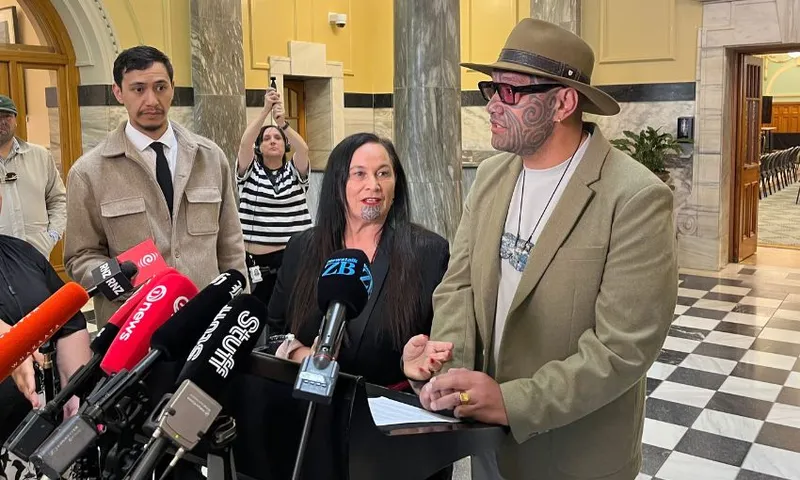 Debbie Ngarewa-Packer and Rawiri Waititi speak to reporters on parliament's tiles.