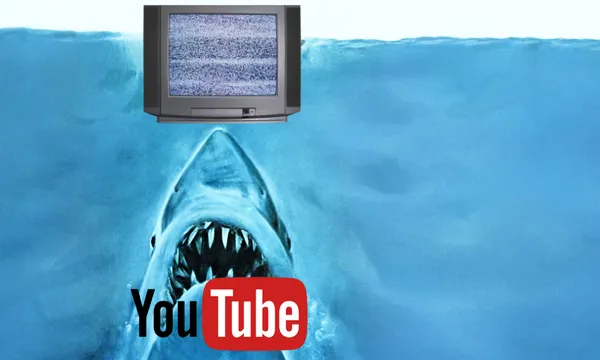 A large shark with its mouth open swims upward toward an old TV showing static, with the YouTube logo placed near the shark’s mouth in the ocean.