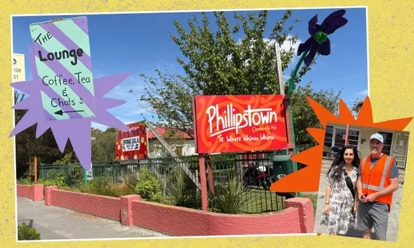 A collage of sunny images from a community hub on a yellow background