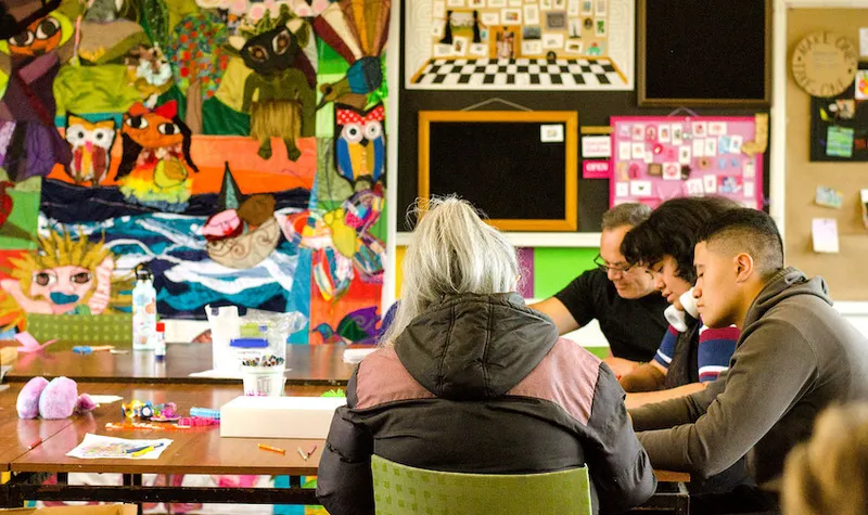 A classroom plastered with art