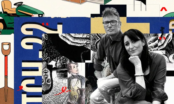 A black and white photo of Te Radar and Ruth Spencer - they are seated and Ruth's head is resting on her hand. Behind them is a collage of books.