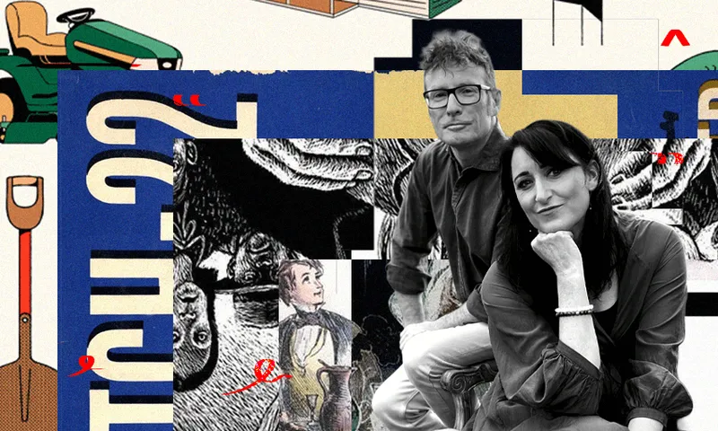 A black and white photo of Te Radar and Ruth Spencer - they are seated and Ruth's head is resting on her hand. Behind them is a collage of books.