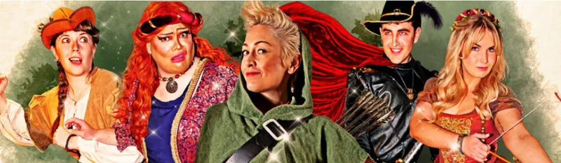 An illustrated banner with pantomime characters from Robin Hood.