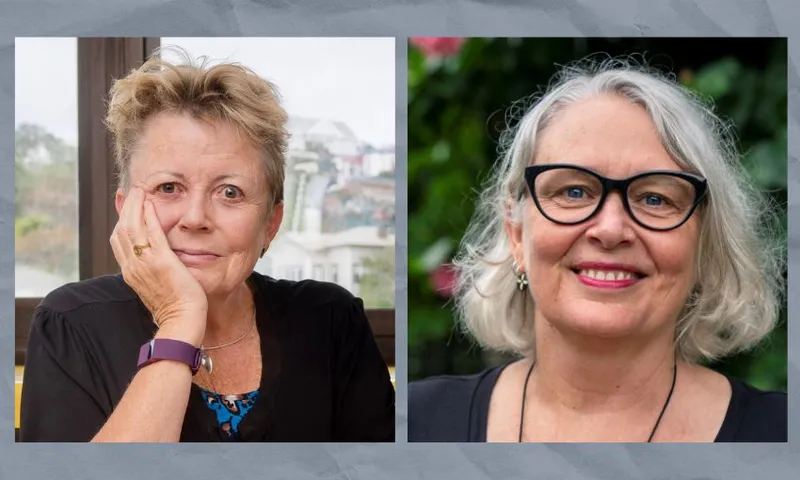 A grey background with a composite image of two women