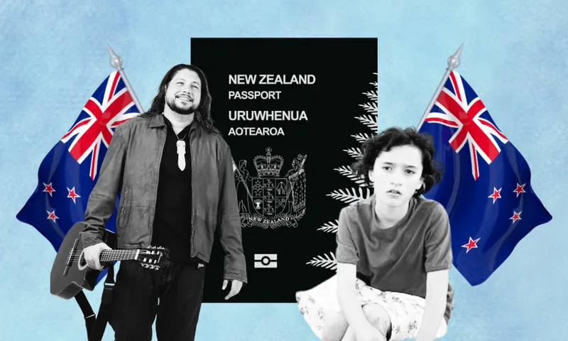 A man with a guitar and a child are in front of a large New Zealand passport. Two New Zealand flags are behind them, set against a light blue background.