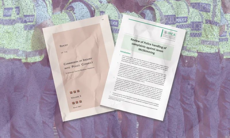 Two official-looking reports about police conduct are placed side by side on a purple-toned background showing a row of police officers in high-visibility vests.