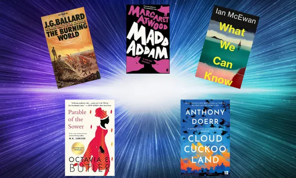 Five book covers over top of an image of the big bang.