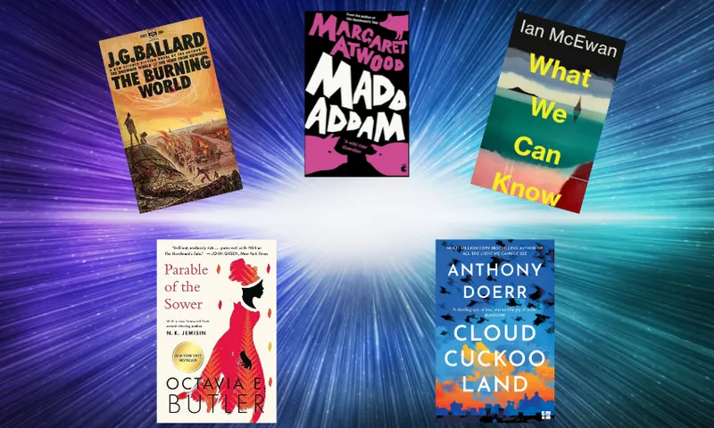 Five book covers over top of an image of the big bang.