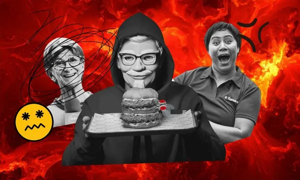 A fiery background with black and white cutouts of Liz from Skinny, the KFC Hacker, and Tina from Turners