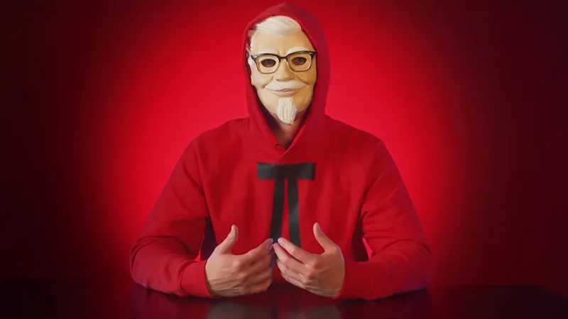A man in a KFC colono mask in front of a red background