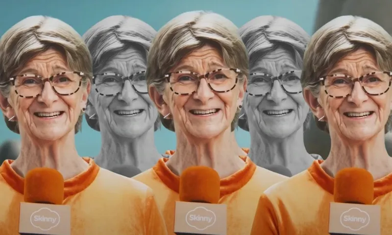 A collage of Liz, Skinny's AI spokesperson, in an orange jumpsuit