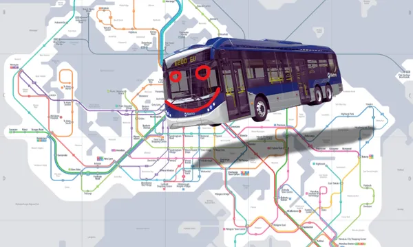 A smiling blue city bus with cartoon eyes and mouth is superimposed over a colorful urban transit system map with various bus and train routes.