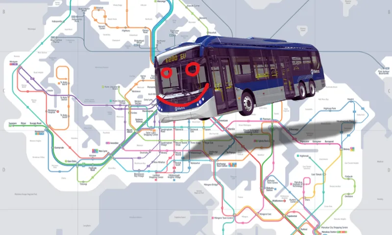 A smiling blue city bus with cartoon eyes and mouth is superimposed over a colorful urban transit system map with various bus and train routes.